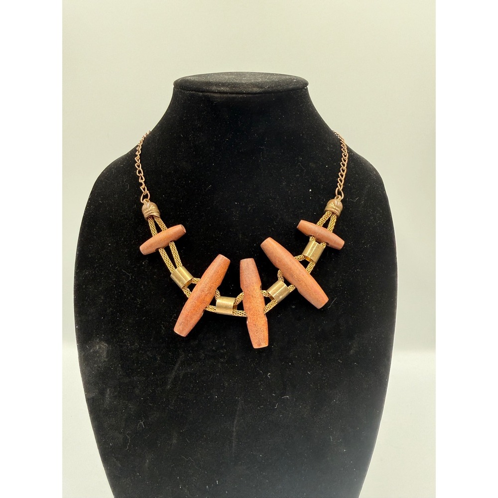 Boho Wooden Toggle Statement Necklace Gold Tone Mesh Chain Brown Brass Accents - Picture 1 of 3